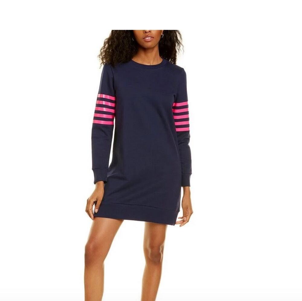 Sail to Sable EUC Women's Navy Blue Sweatshirt Dress Pink Sleeve Stripes M